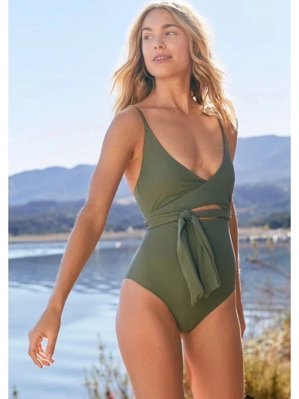 AERIE Green Wrap One Piece Swimsuit Size Medium Long Tie Waist Cutout